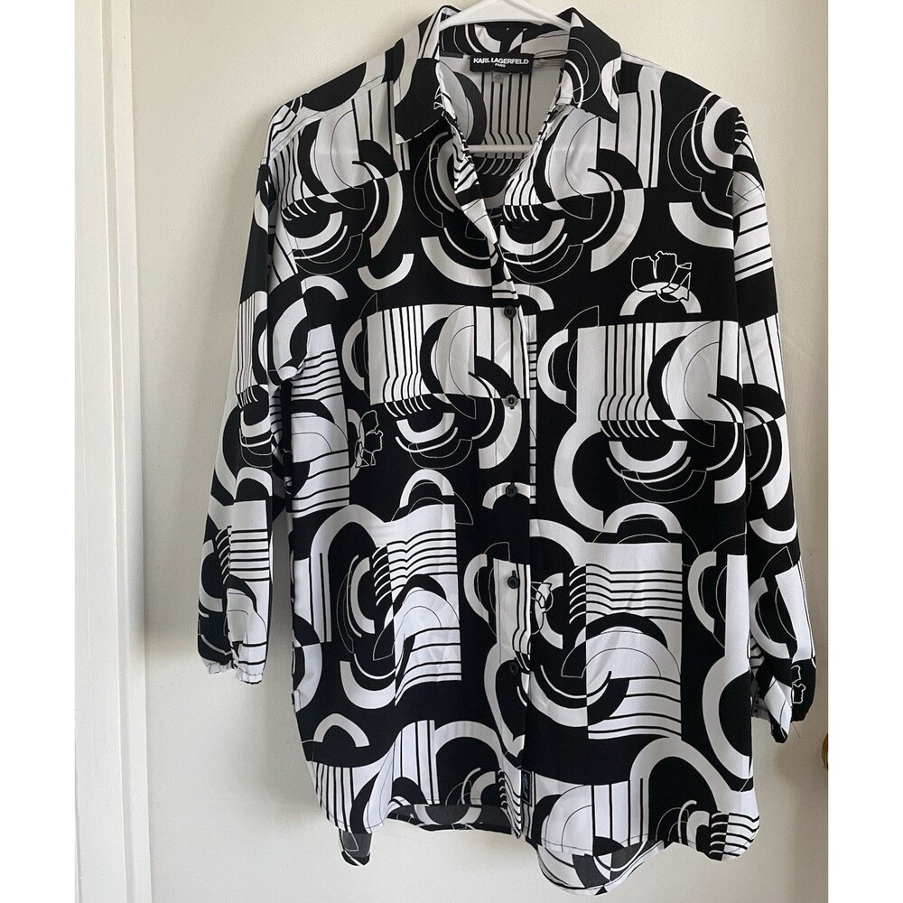 Karl Lagerfeld Paris Women's Black White Geometric Collared 3/4 Sleeve Blouse XS